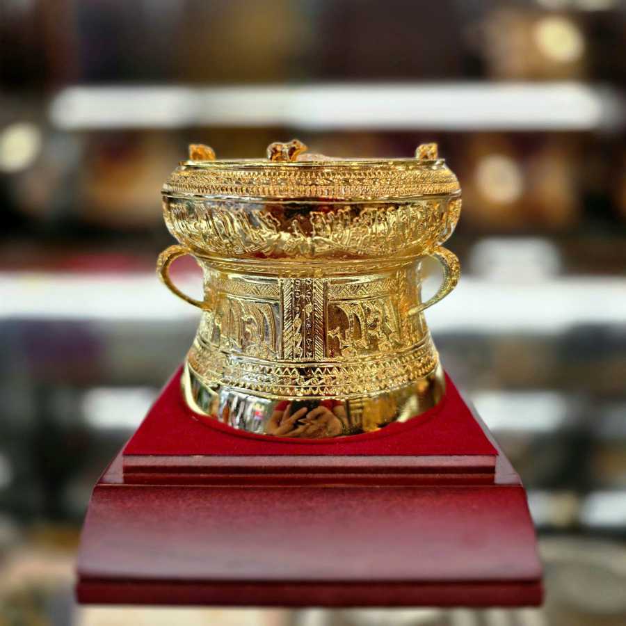 24K Gold-Plated Bronze Drum | Vietnamese Heritage & Prosperity Symbol | Tinh Tan Art