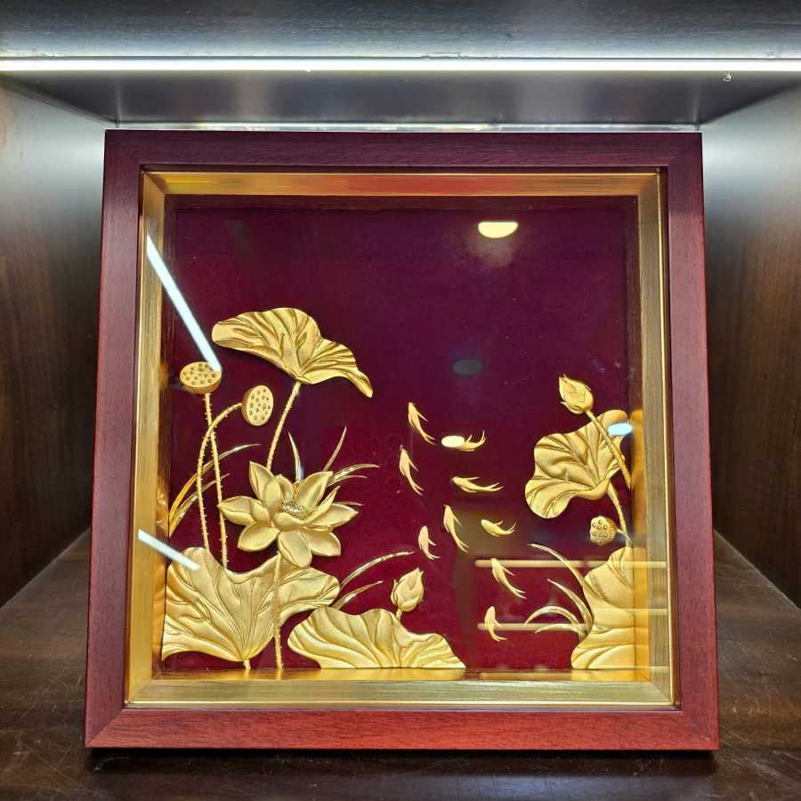 24K Gold-Plated Lotus Fish Pond Painting | Golden Autumn Pond Artwork - Tinh Tan Art