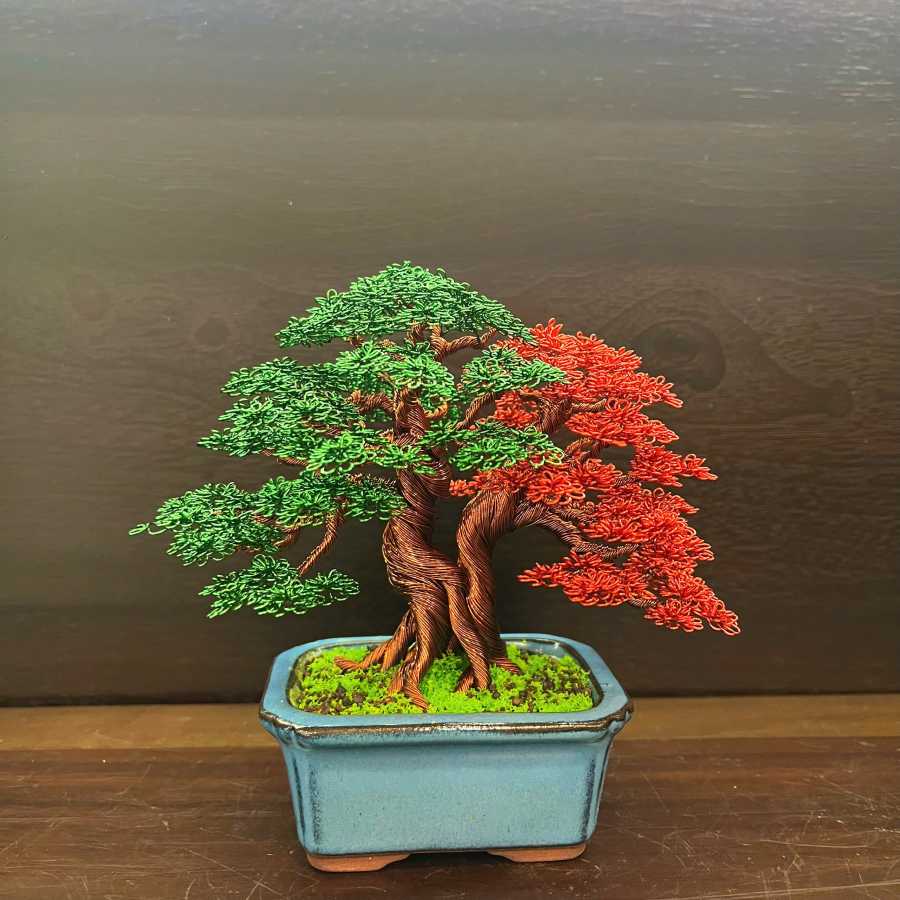 Mini Copper Bonsai with Red Leaves - Handcrafted Wire Bonsai by Tinh Tan Global