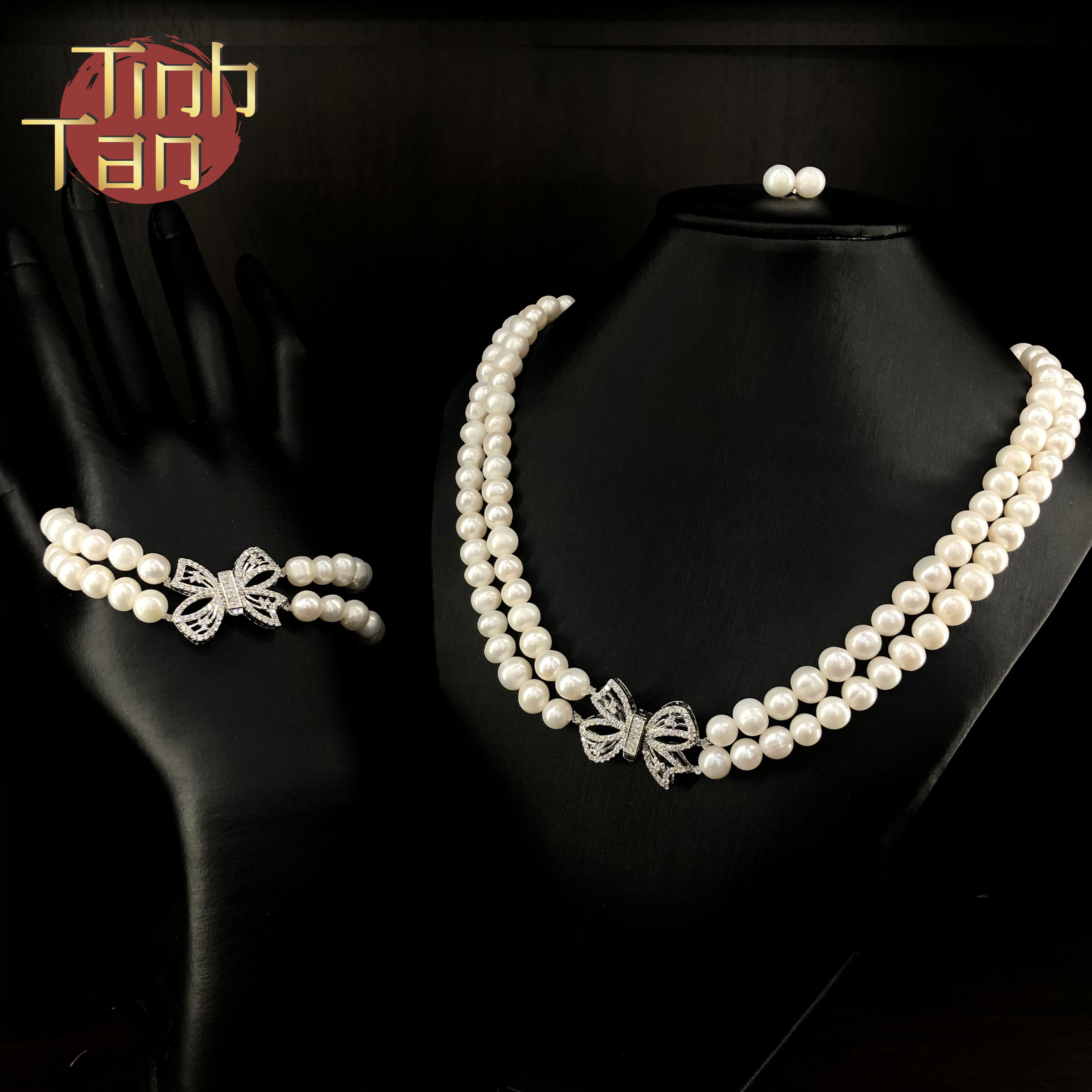 Bộ ngọc trai 2 tầng chi tiết nơ